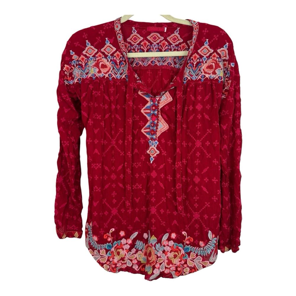 Johnny Was Gina Embroidered Blouse Size Small Red Long Sleeves